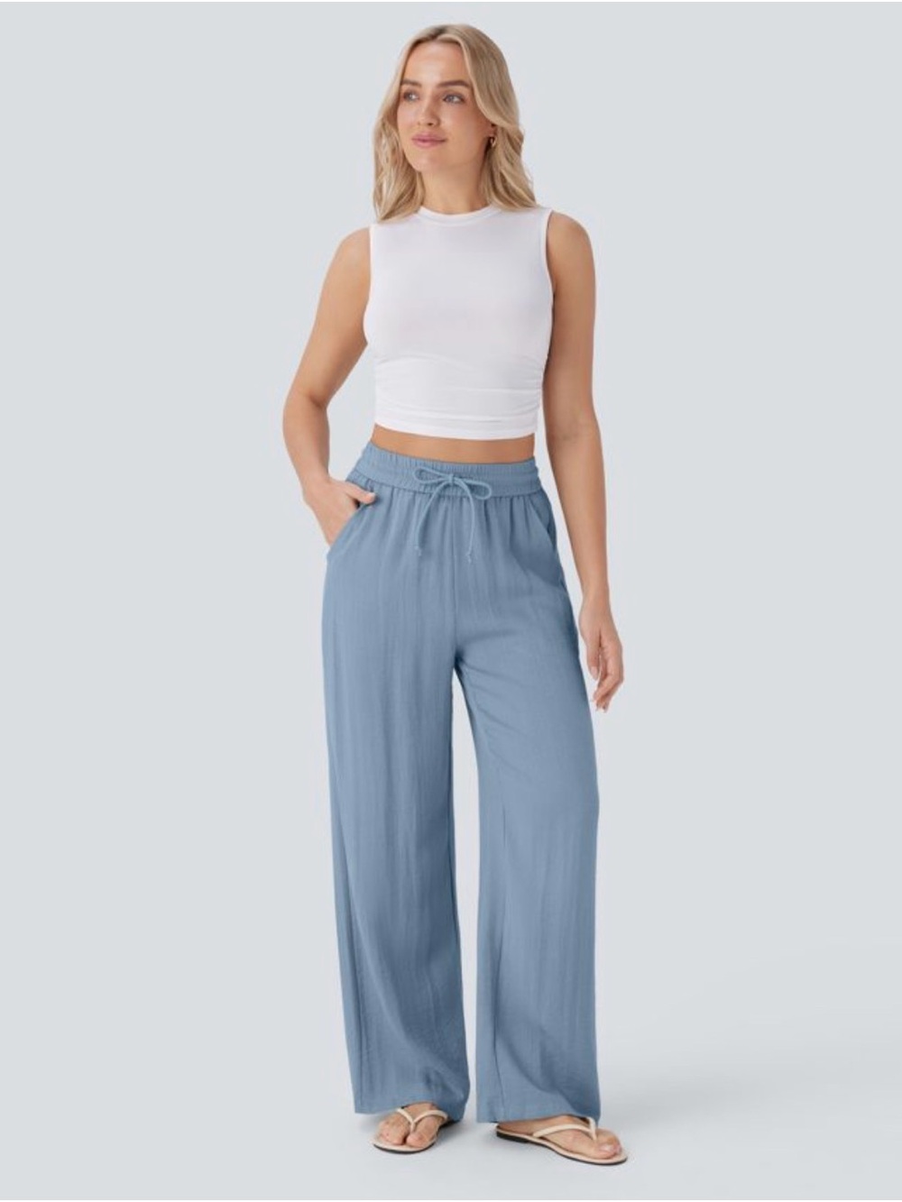 HALARA High Waisted Drawstring Pocket Wide Leg Baggy Casual Linen-Feel Pants - Picture 5 of 15